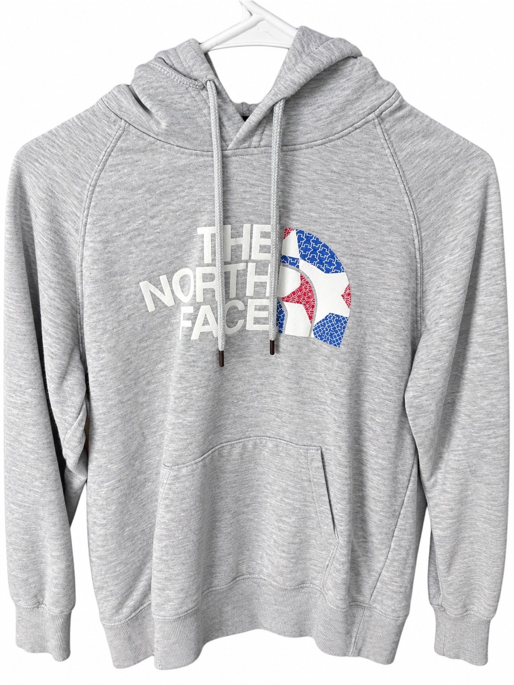 The North Face Women’s Gray RU14 Logo Pullover Hoodie Red White Blue - Picture 4 of 4